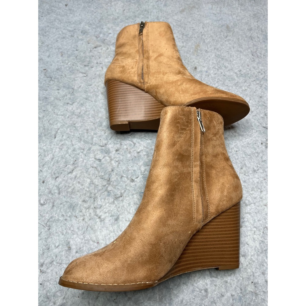 Tan Faux Suede Wedge Ankle Boots Pointed Toe Side Zip Booties Camel Size 9 - Picture 5 of 6